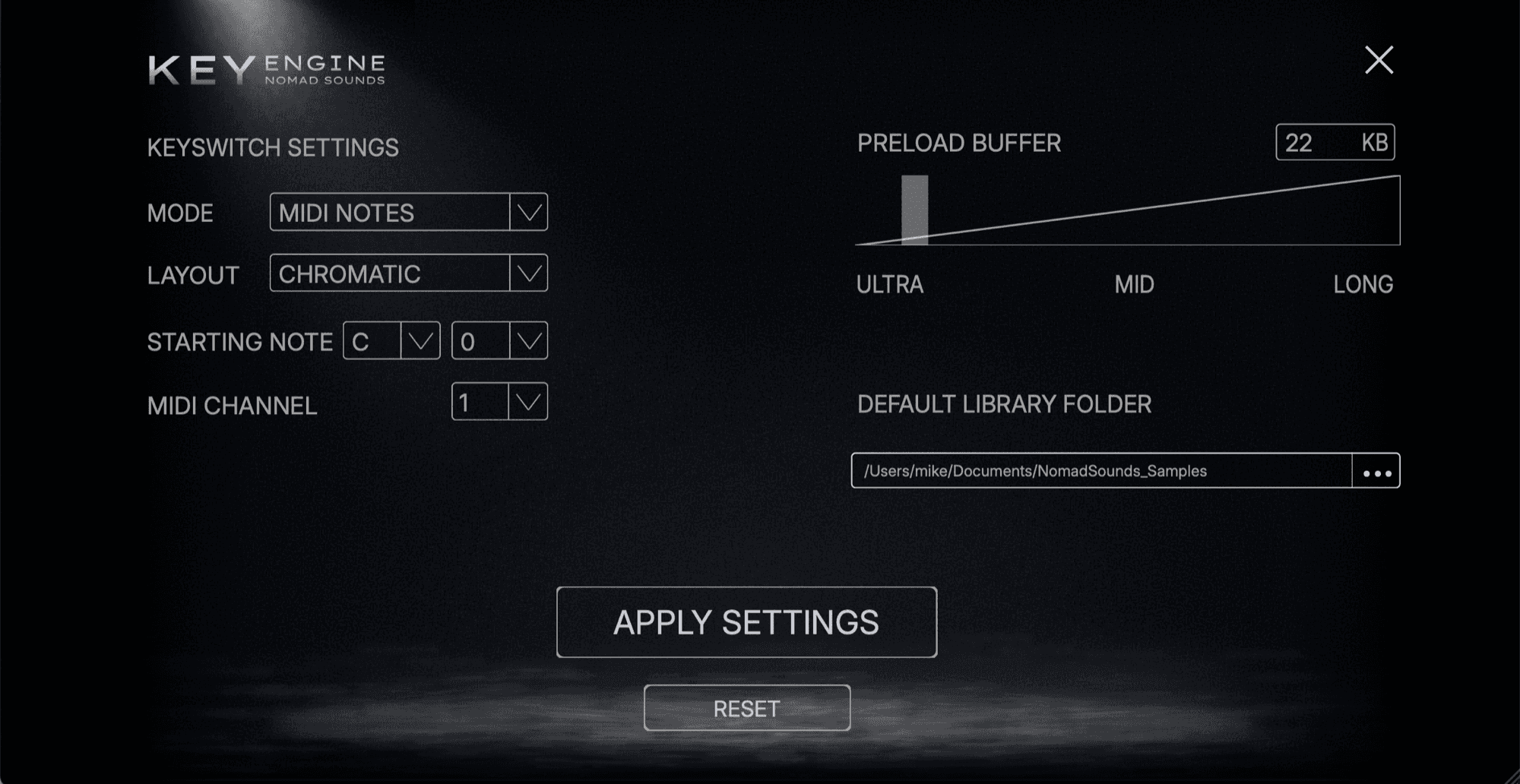 KeyEngine settings menu with keyswitch mode, layout, starting note and MIDI channel